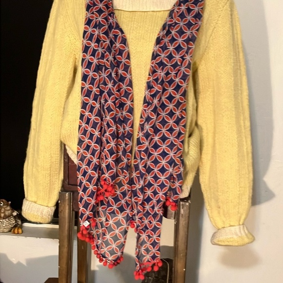 🌈 Mud Pie Pom Pom fringed India print cotton semi sheer scarf - Picture 1 of 10